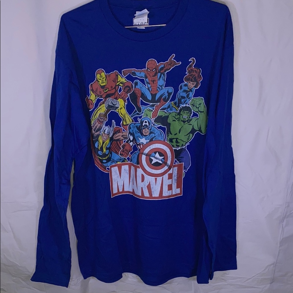 Marvel Blue Long Sleeve Tee with Superhero Print